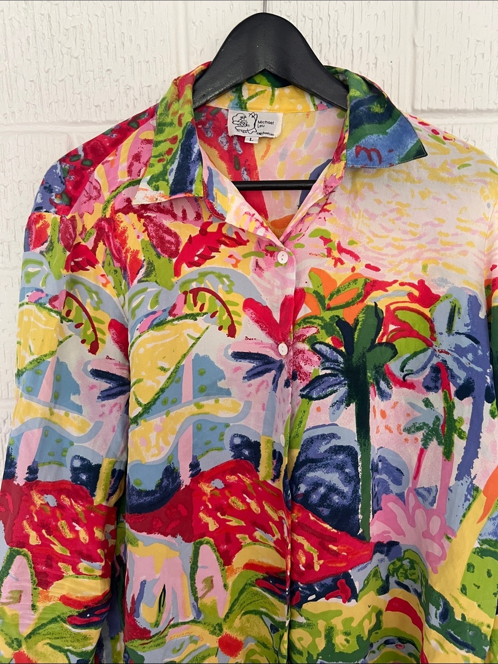 Michael Leu Vibrant Tropical Print Button-Up Shirt Silk large - Picture 6 of 9